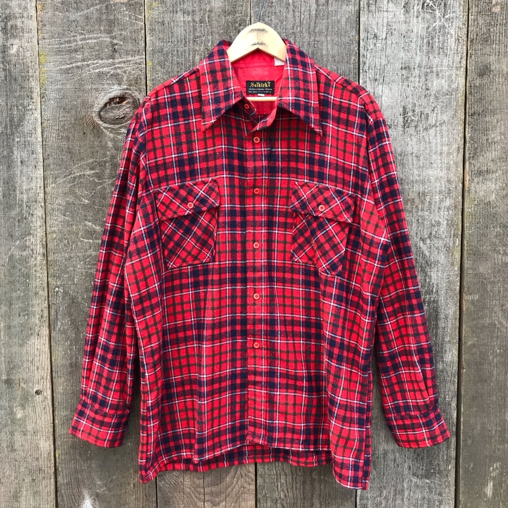 Vintage 70s Selkirk Wool Blend Lumberjack Paid Flannel Straight Hem Shirt Large